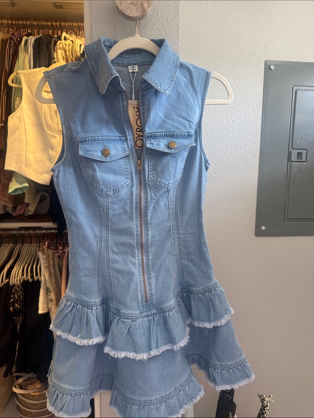 Sleeveless Light Blue Denim Ruffle Kids Dress with Front Zip